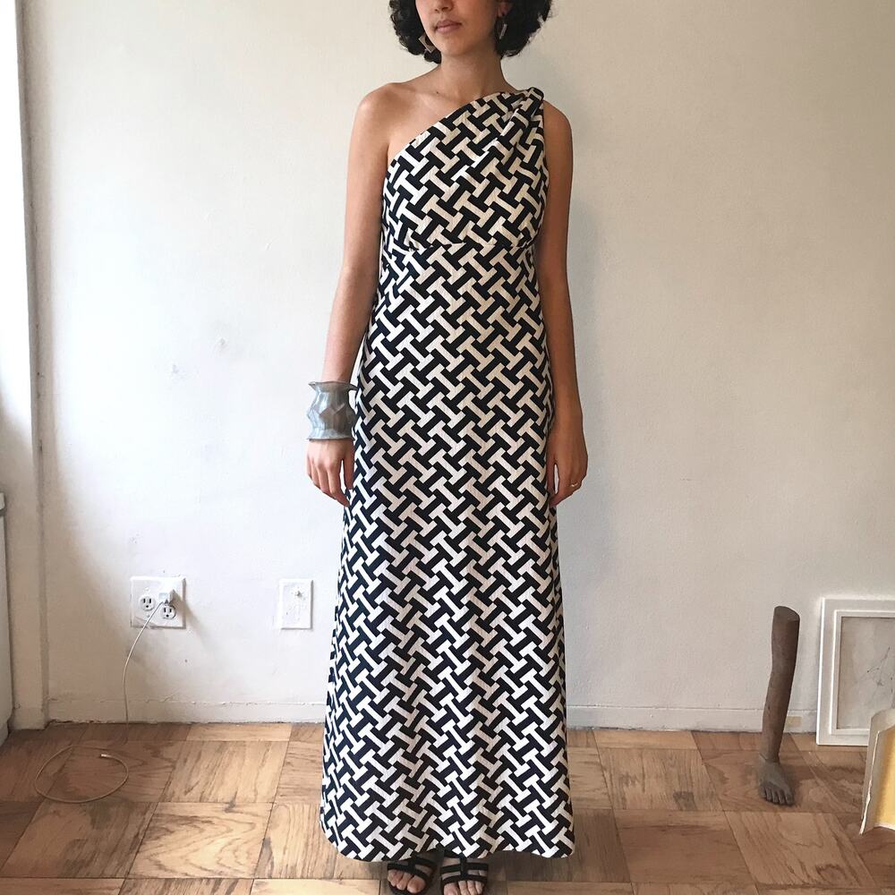 60s One-Shoulder Maxi Dress Black and White Geometric Print Empire Waist Cotton